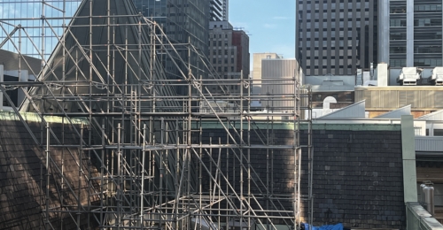 Specialty rigging equipment installed on a sloped commercial roof, ensuring secure access for window cleaning